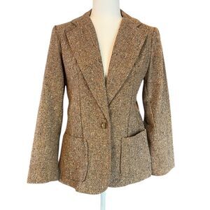 Vintage 70s Tweed Blazer Union Made Tan Colorful Fleck Pockets No Size